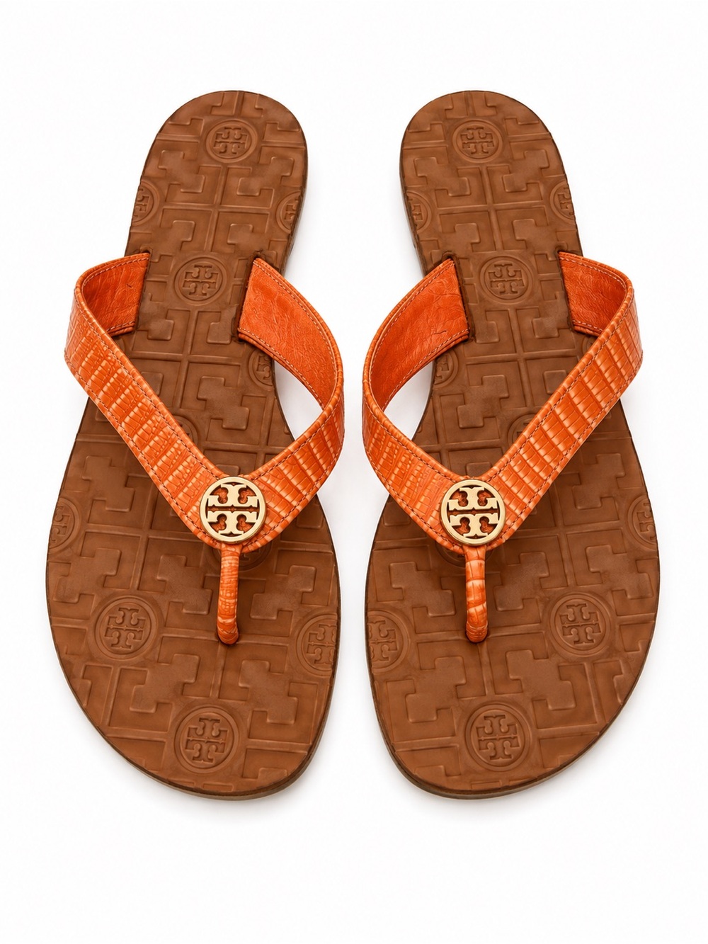 Tory Burch Orange Leather Logo Thong Sandals